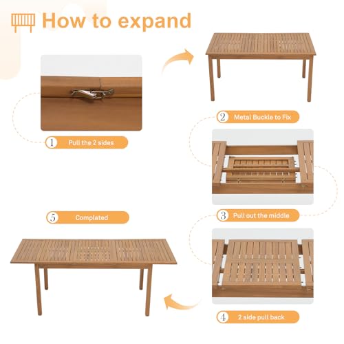 OC Orange-Casual 7-Piece Patio Acacia Wood Dining Set, Extendable Table & Checkerboard Woven Chairs, Outdoor Furniture Set for Garden, Backyard, Deck (Beige)