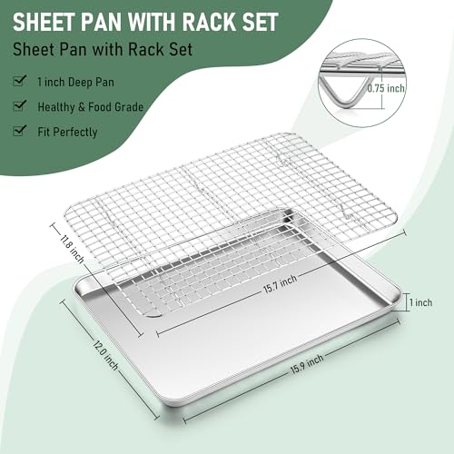 Homikit Baking Sheet with Wire Rack Set (1 Pan+1 Rack), 16" x 12" Stainless Steel Cookie Bacon Pan for Oven, Nonstick Jelly Roll Pan Baking Tray with Grid Cooling Rack for Cook Roast, Dishwasher Safe