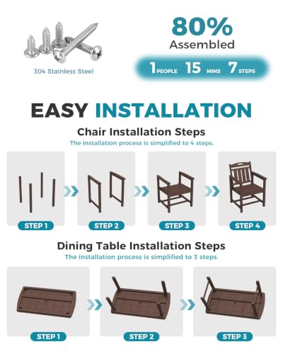 Ciokea HDPE Outdoor Dining Set of 4, Patio Table and Chairs Sets, Brown