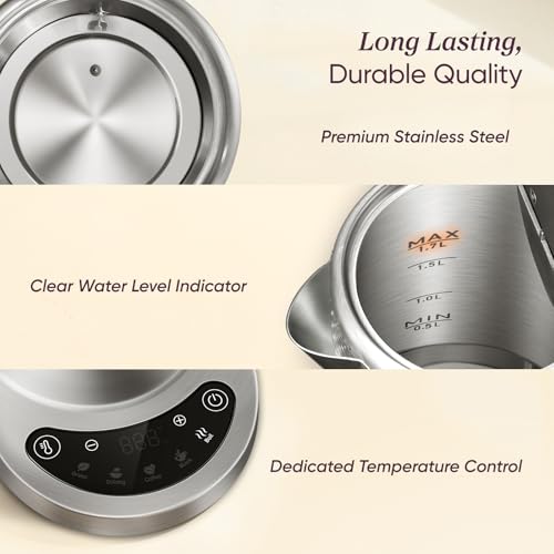 Cosori Electric Kettle, Plastic-Free Interior, 5 Presets ±5℉ Temperature Control, Fast Boiling, 2 Lid Opening, 60Min Keep Warm, Stainless Steel Tea Kettle for Tea, Hot Water, Boil Water, Coffee, 1.7L