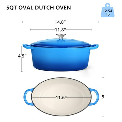 TeamFar Oval Dutch Oven, 5qt Enameled Cast Iron Dutch Oven Pot with Lid, For Bread Baking/Stewing/Braising/Frying, Suitable for Various Stoves, Dual Handles & Easy Cleanup, Blue