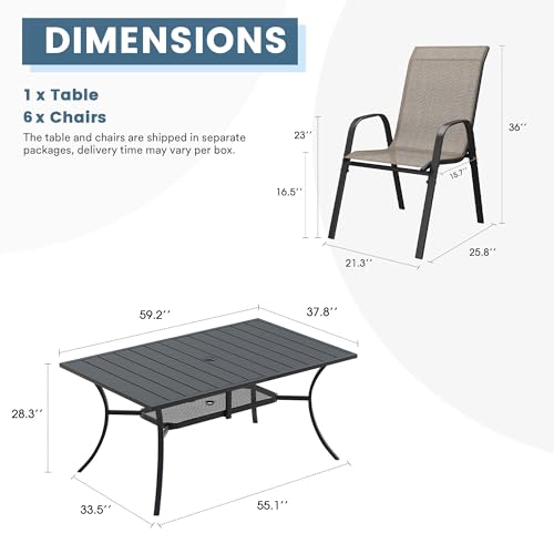 DIFY 7 Piece Outdoor Dining Set, 59.2" Black Rectangle Metal Patio Table and Brown Textilene Stackable Chairs for 6, All Weather Patio Furniture Set with Umbrella Hole for Backyard Garden Deck