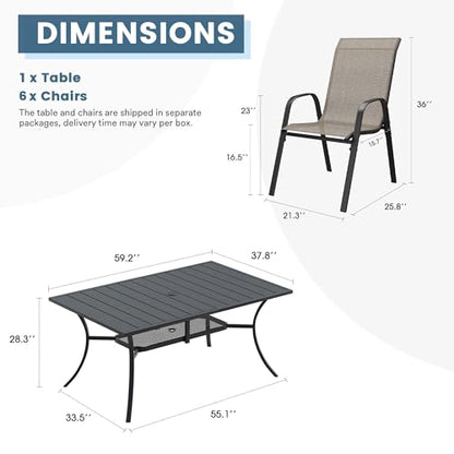 DIFY 7 Piece Outdoor Dining Set, 59.2" Black Rectangle Metal Patio Table and Brown Textilene Stackable Chairs for 6, All Weather Patio Furniture Set with Umbrella Hole for Backyard Garden Deck