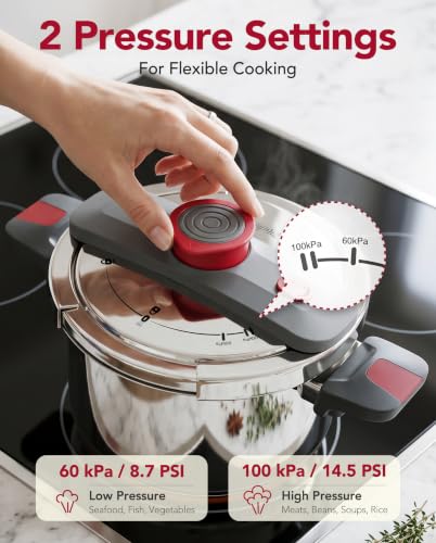 MICHELANGELO Stovetop Pressure Cooker Stainless Steel, 4.2 qt, 304 Stainless Steel, 6-Fold Safety System, One-Hand Easy-Open Lid, 2 Pressure Settings, Steamer Basket & Glass Lid, Induction Compatible