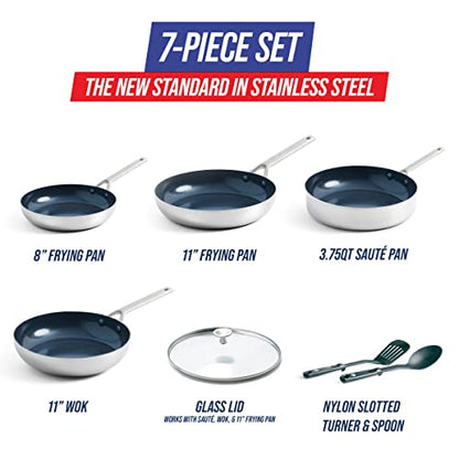 Blue Diamond 7-Piece Tri-Ply Stainless Steel Ceramic Nonstick Cookware Set, PFAS & PFOA-Free Pots and Pans, Multi Clad, Induction Compatible, Dishwasher & Oven Safe, Silver