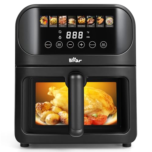 Bear Air Fryer, Stainless Steel Airfryer 8 Presets for Fast Family Meals, 6.4Qt Large Visible Window Temp Timer Adjustable Roast Bake Crisp French Fries Steak, Non Stick Basket Dishwasher Safe