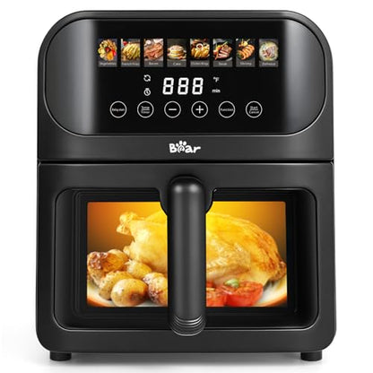 Bear Air Fryer, Stainless Steel Airfryer 8 Presets for Fast Family Meals, 6.4Qt Large Visible Window Temp Timer Adjustable Roast Bake Crisp French Fries Steak, Non Stick Basket Dishwasher Safe