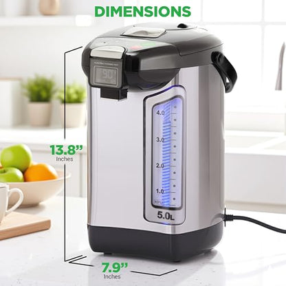 NutriChef Digital Water Boiler and Warmer - 5L/5.28 Qt Stainless Electric Hot Water Dispenser w/LCD Display, Rotating Base, Keep Warm, Auto Shut Off, Safety Lock, Instant Heating for Coffee & Tea