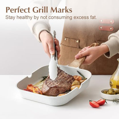 SENSARTE Nonstick Ceramic Grill Pan for Stove Tops, Versatile Square Grilling Pan with Pour Spouts, Durable Grill Skillet for All Stoves (Gas, Electric, Induction) Non-toxic PTFE/PFAS/PFOA Free