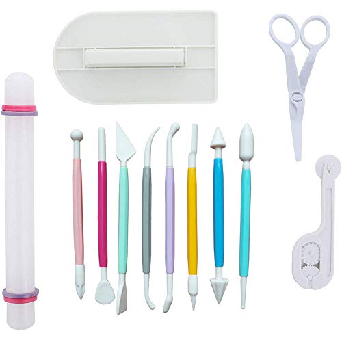 ScivoKaval Marshmallow Fondant Cake Decorating Hand Tool 12 Pcs 5 Sets Sugarcraft Gumpaste Icing Smoother Rolling Pin Trimmer Cutter Embosser Flower Scissor Modelling Accessories Supplies Kit Multi