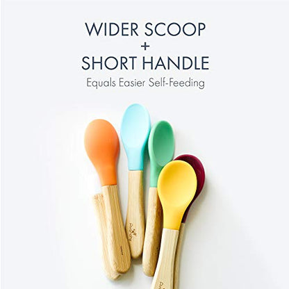 Avanchy Baby Spoons, Silicone Baby Spoons for Self Feeding, Toddler & Infant Spoons 4+ Months, Baby Led Weaning Utensils, Soft Tip Feeding Spoons, BPA Free Bamboo Handle, 5 Pack Blue