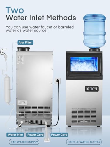 Commercial Ice Maker Machine, 100LBS/24H Freestanding & Undercounter Ice Machine with 2 Water Inlets, 40 PCS/Cycle and 20LBS Storage Bin, Stainless Steel, LED Display & Self-Cleaning for Home Bar