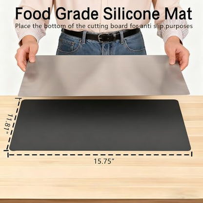 Large Stainless Steel Cutting Boards for Kitchen, Chopping Boards with Grey Non-slip Mat, Cutting Board with Counter Lip for Meat, Fruits, Vegetables, Bread,Dough(15.75" × 11.81")
