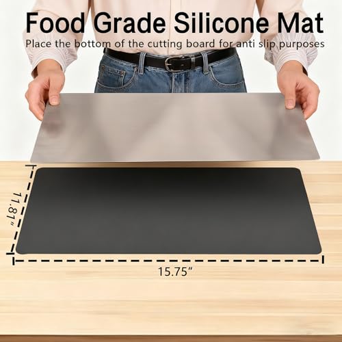 Large Stainless Steel Cutting Boards for Kitchen, Chopping Boards with Grey Non-slip Mat, Cutting Board with Counter Lip for Meat, Fruits, Vegetables, Bread,Dough(15.75" × 11.81")