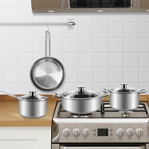 Stainless Steel Pots and Pans Set, 7-Piece Kitchen Cookware Sets with Glass Lids, Stay-Cool Handle, Oven Safe, Works with Induction/Electric and Gas Cooktops, Dishwasher