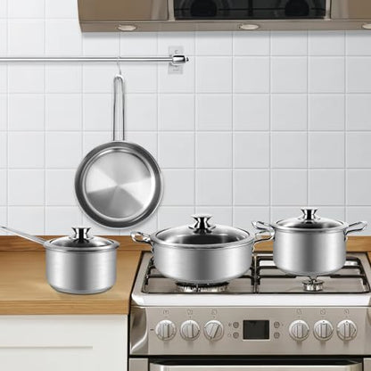 Stainless Steel Pots and Pans Set, 7-Piece Kitchen Cookware Sets with Glass Lids, Stay-Cool Handle, Oven Safe, Works with Induction/Electric and Gas Cooktops, Dishwasher