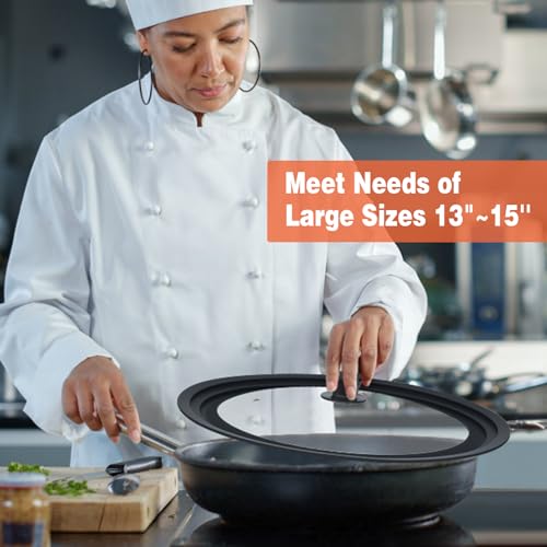 13-14-15 in Universal Lid for Oversized Pots, Pans and Skillets, Extra Large Pot Lid Tempered Glass Lid with Heat-Resistant Silicone Edge, Cookware Lids, Replacement Frying Pan Cover, Black