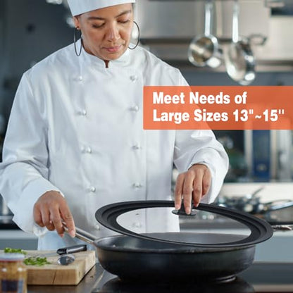 13-14-15 in Universal Lid for Oversized Pots, Pans and Skillets, Extra Large Pot Lid Tempered Glass Lid with Heat-Resistant Silicone Edge, Cookware Lids, Replacement Frying Pan Cover, Black