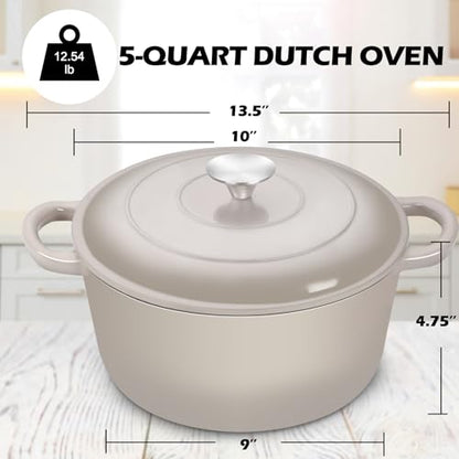 TeamFar 5Qt Dutch Oven, Enameled Cast Iron Dutch Oven with Lid & Dual Handles for Cooking Baking Braising Simmering, Healthy & Sturdy, Oven & Various Stovetops Safe, Non-stick & Easy Clean - Khaki
