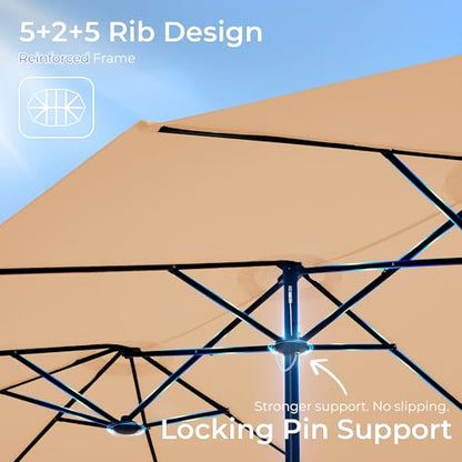 SUPERJARE 15FT Outdoor Patio Umbrella with Base Included, Double Sided Pool Umbrellas with Fade Resistant Canopy, Extra-Large Table Umbrella for Deck, Market, Backyard, Beige