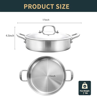 Yeksum 8-Quart Saute Pan with Lid | 13-Inch 3-Ply 18/10 Stainless Steel Deep Fry Pan & Large Skillet, Healthy Non-Toxic Cookware, Oven & Dishwasher Safe