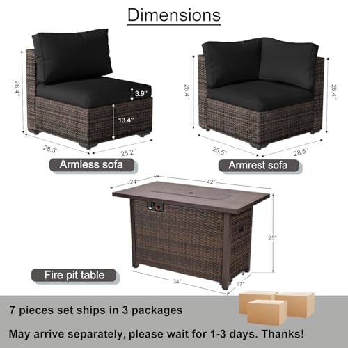 gaildon 7 Piece Outdoor Patio Furniture Set with 42" Fire Pit, Wicker Furniture Sectional Conversation Sofa Set with Comfortable Cushions, Black