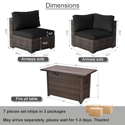 gaildon 7 Piece Outdoor Patio Furniture Set with 42" Fire Pit, Wicker Furniture Sectional Conversation Sofa Set with Comfortable Cushions, Black