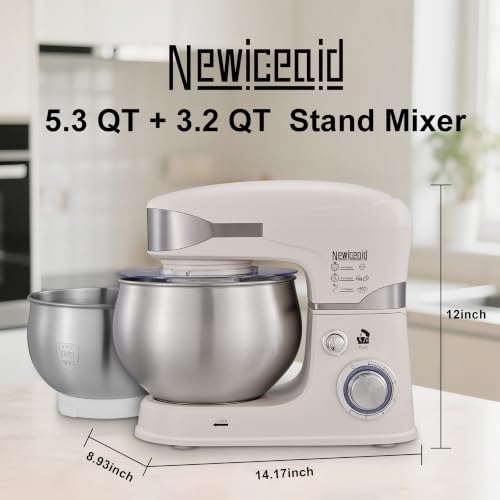 Newiceaid 6-Speed 5.3QT+3.2QT Two-Bowl Stand Mixer, Creamy White