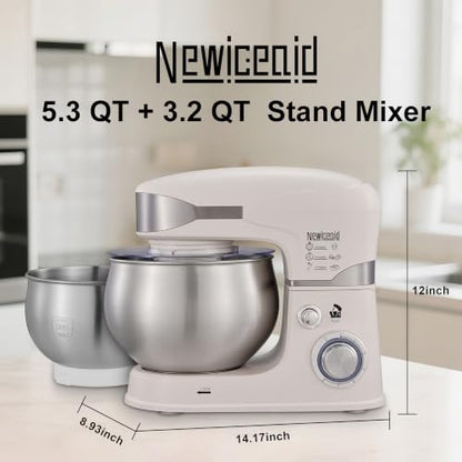Newiceaid 6-Speed 5.3QT+3.2QT Two-Bowl Stand Mixer, Creamy White