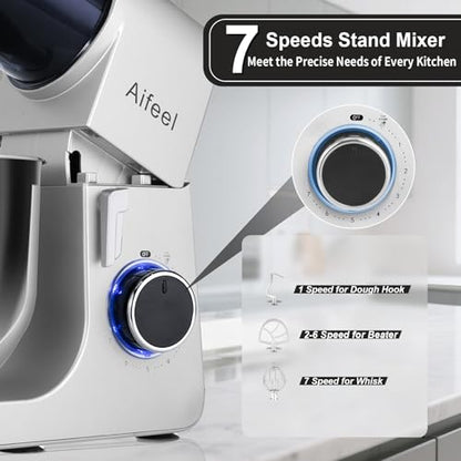 Aifeel Stand Mixer,6.5QT Tilt-Head Electric Stand Mixer,700W DC Motor with Low Noise,Kitchen Mixer with Dough Hook,Beater,Whisk,Dishwasher-Safe Attachments for Baking (Black)
