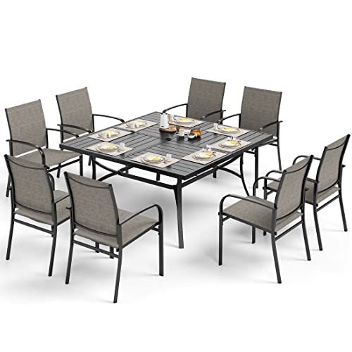 SUNSHINE VALLEY Patio Dining Set for 8, 60" x 60" Square Metal Table with Umbrella Hole, 8 x Stable Brown Dining Chairs, Outdoor Table and Chairs Set for Lawn Backyard and Deck