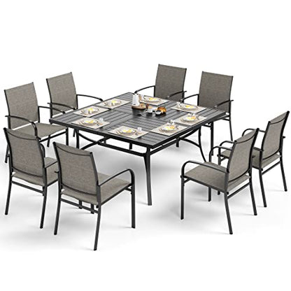 SUNSHINE VALLEY Patio Dining Set for 8, 60" x 60" Square Metal Table with Umbrella Hole, 8 x Stable Brown Dining Chairs, Outdoor Table and Chairs Set for Lawn Backyard and Deck