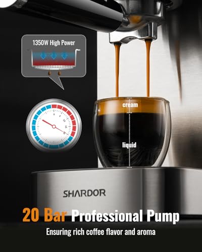 SHARDOR Espresso Machine 20 Bar, Professional Espresso Machine with Milk Frother and Touchscreen, Expresso Coffee Machines with Adjustable Temperature,for Cappuccino, Latte, Stainless Steel, Silver