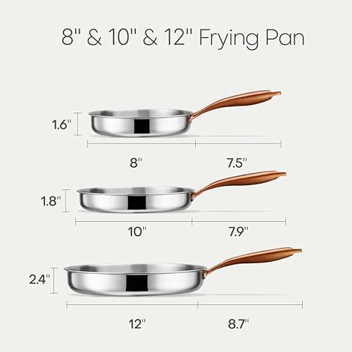 CAROTE 3-Piece Tri-Ply Stainless Steel Frying Pan Set, Skillet Set 8"/10"/12", Induction Compatible, Oven & Dishwasher Safe, Gold Handle, Mothers Day Gifts