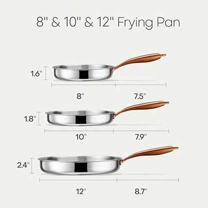 CAROTE 3-Piece Tri-Ply Stainless Steel Frying Pan Set, Skillet Set 8"/10"/12", Induction Compatible, Oven & Dishwasher Safe, Gold Handle, Mothers Day Gifts