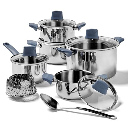 T-fal Essentials Stainless Steel Cookware Set 12 Piece, Induction Compatible, Oven Safe 350F, Cooking Set w/Stewpots, Stockpot, Saucepan, Lids & Tools, Measuring Marks, Dishwasher Safe, Silver/Blue