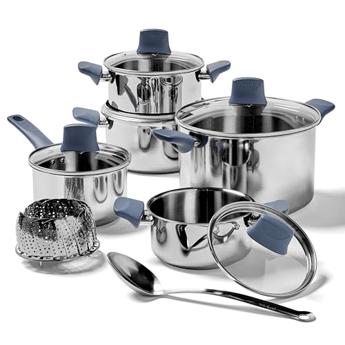 T-fal Essentials Stainless Steel Cookware Set 12 Piece, Induction Compatible, Oven Safe 350F, Cooking Set w/Stewpots, Stockpot, Saucepan, Lids & Tools, Measuring Marks, Dishwasher Safe, Silver/Blue