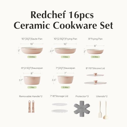 Redchef 16pcs Ceramic Pots and Pans Set Non Stick, Nonstick Kitchen Cookware Set with Detachable Handle, Non Toxic, PFAS PFOA & PTFE Free, RV Cookware Set for Camping, Dishwasher/Oven Safe (Pink)