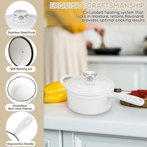 TeamFar 3QT Enameled Cast Iron Sauce Pan, Small Sauce Pot with Lid, Mini Dutch Oven Saucepan for Cooking/Simmering/Baking/Boiling, Sturdy & Nonstick, Oven Safe & Fit for Induction-White