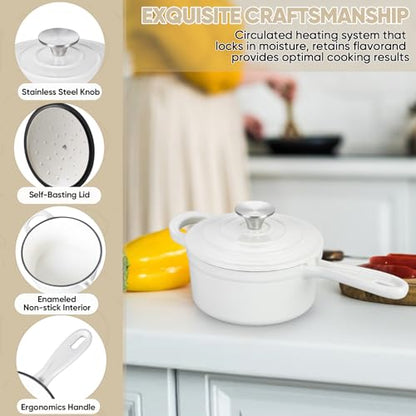 TeamFar 3QT Enameled Cast Iron Sauce Pan, Small Sauce Pot with Lid, Mini Dutch Oven Saucepan for Cooking/Simmering/Baking/Boiling, Sturdy & Nonstick, Oven Safe & Fit for Induction-White