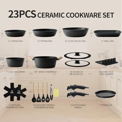 BECIGAR 23pcs Ceramic Pots and Pans Set, Nonstick Detachable Handle Cookware, Induction Kitchen Cooking Set with Removable Handle,include Frying Pans & Saucepans Oven Safe (Black)