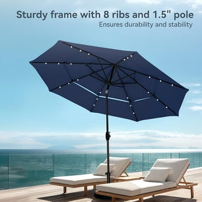PHI VILLA 10ft Patio Umbrella with Light, Outdoor Large Auto-Tilt 3 Tier Market Table Umbrellas with 8 Sturdy Ribs and 1.5" Pole for Lawn Poolside Garden Terrace,Navy Blue