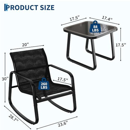Garvee 3 Piece Outdoor Rocking Bistro Set, Textilene Fabric Small Patio Furniture Set with Iron Armrests and Coffee Table for Lawn, Porch, Balcony, Poolside