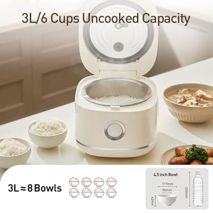 Joydeem Stainless Steel Rice Cooker, Uncoated Non-Stick 316L Stainless Steel Inner Pot, 6 Cup Uncooked, 3L/3.2 qt, DFB-D300, Cream Color