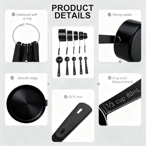 Bopei Measuring Cups and Spoons Set, Titanium-Plated Matte Black Stainless Steel 10 Piece for Cooking and Baking (5 Cups + 5 Spoons All Black)