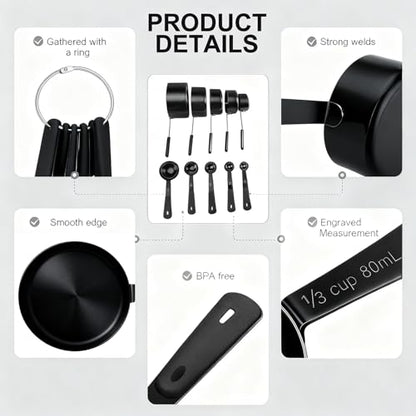 Bopei Measuring Cups and Spoons Set, Titanium-Plated Matte Black Stainless Steel 10 Piece for Cooking and Baking (5 Cups + 5 Spoons All Black)