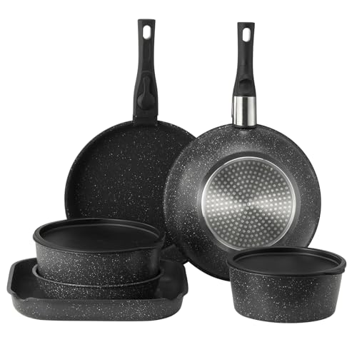 VEVOR 17 Piece Pots and Pans Set, Granite Nonstick Detachable Handle Cookware, Space Saving Induction Cookwares, Kitchen RV Cooking Sets with Frying, Sauce, Saute, Tempered Glass Lid, Oven Safe, Black