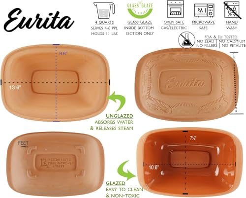 Eurita Clay Roaster, 3 Quart, 2.8 litres, Non-Stick Earthenware, Toxin-Free, Healthy Clay Pot Cooking, Versatile Cooking Dutch Oven, Digital Recipe and Instructions Included