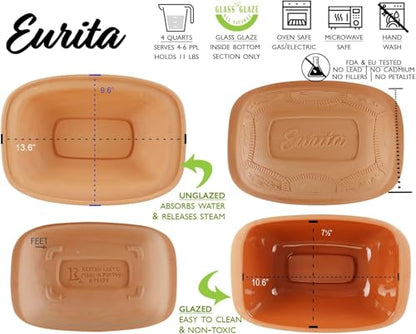 Eurita Clay Roaster, 3 Quart, 2.8 litres, Non-Stick Earthenware, Toxin-Free, Healthy Clay Pot Cooking, Versatile Cooking Dutch Oven, Digital Recipe and Instructions Included