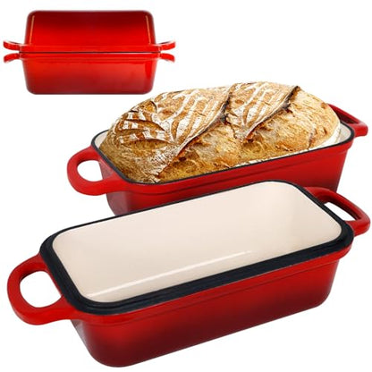FUNKYLEE Enameled Cast Iron Bread Pan with Lid, 2-in-1 Loaf Pan for Baking Bread 8.5x4.5, Professional Sourdough Bread Pan for Homemade Bread, Set of 2, Red